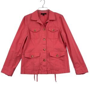 Talbots Jean Jacket Size M Coral Pink Button Front Double Back Lace Up Stretch
